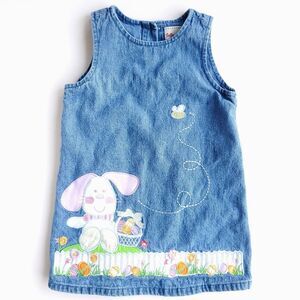 Vintage Girls Denim Overall Dress 2T Cotton Blue Jean Jumper Easter Bunny